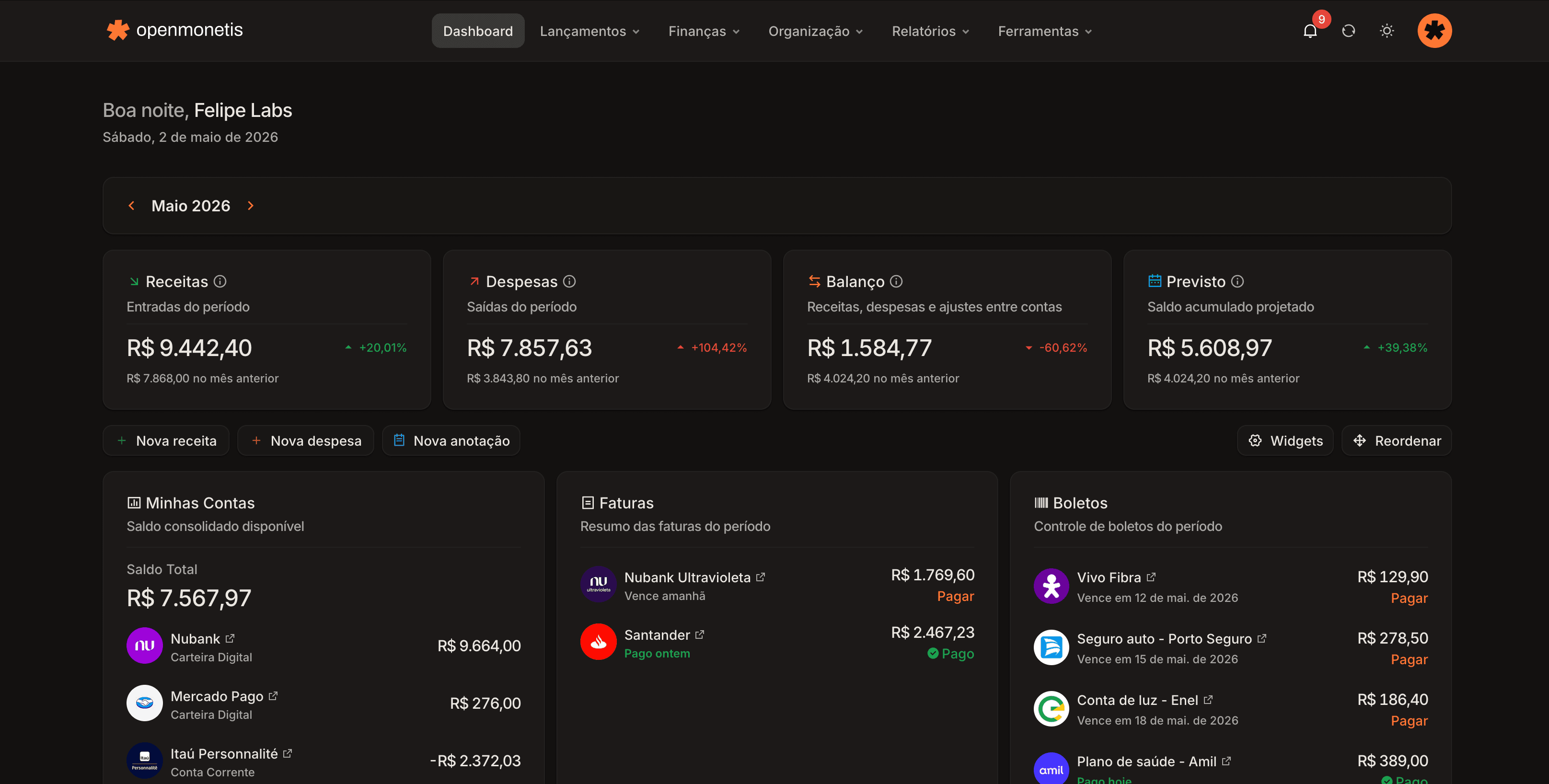 openmonetis Dashboard Preview